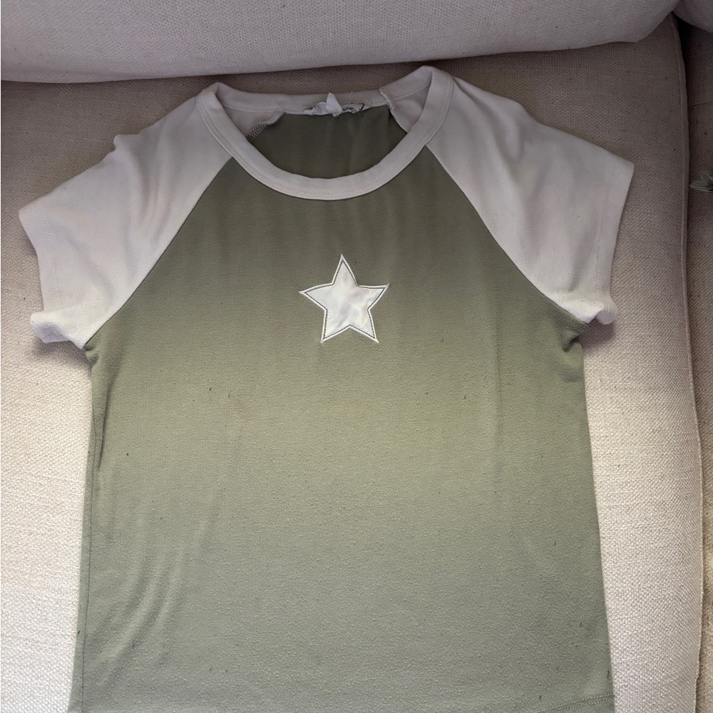Sage green and white sleeve star shirt